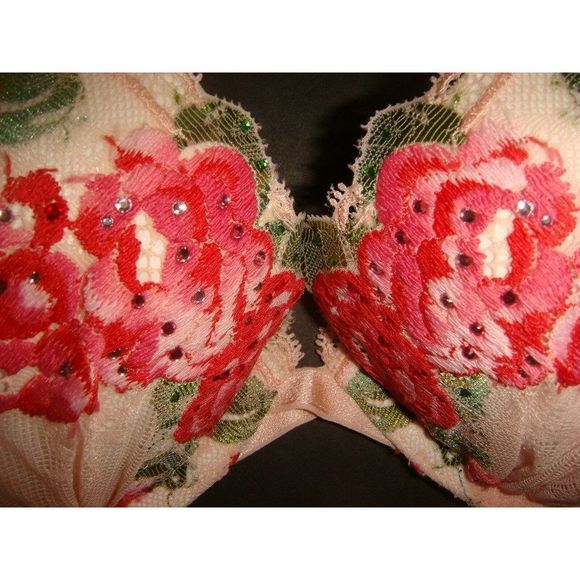 Victoria's secret 32B,34B,34D,34DD BRA SET+garter+panty Embroidered Roses Pink - Picture 5 of 9